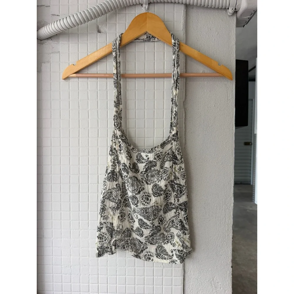 Free People Black Paisley Cotton Gauze Small Tote Bag OS Boho Reusable